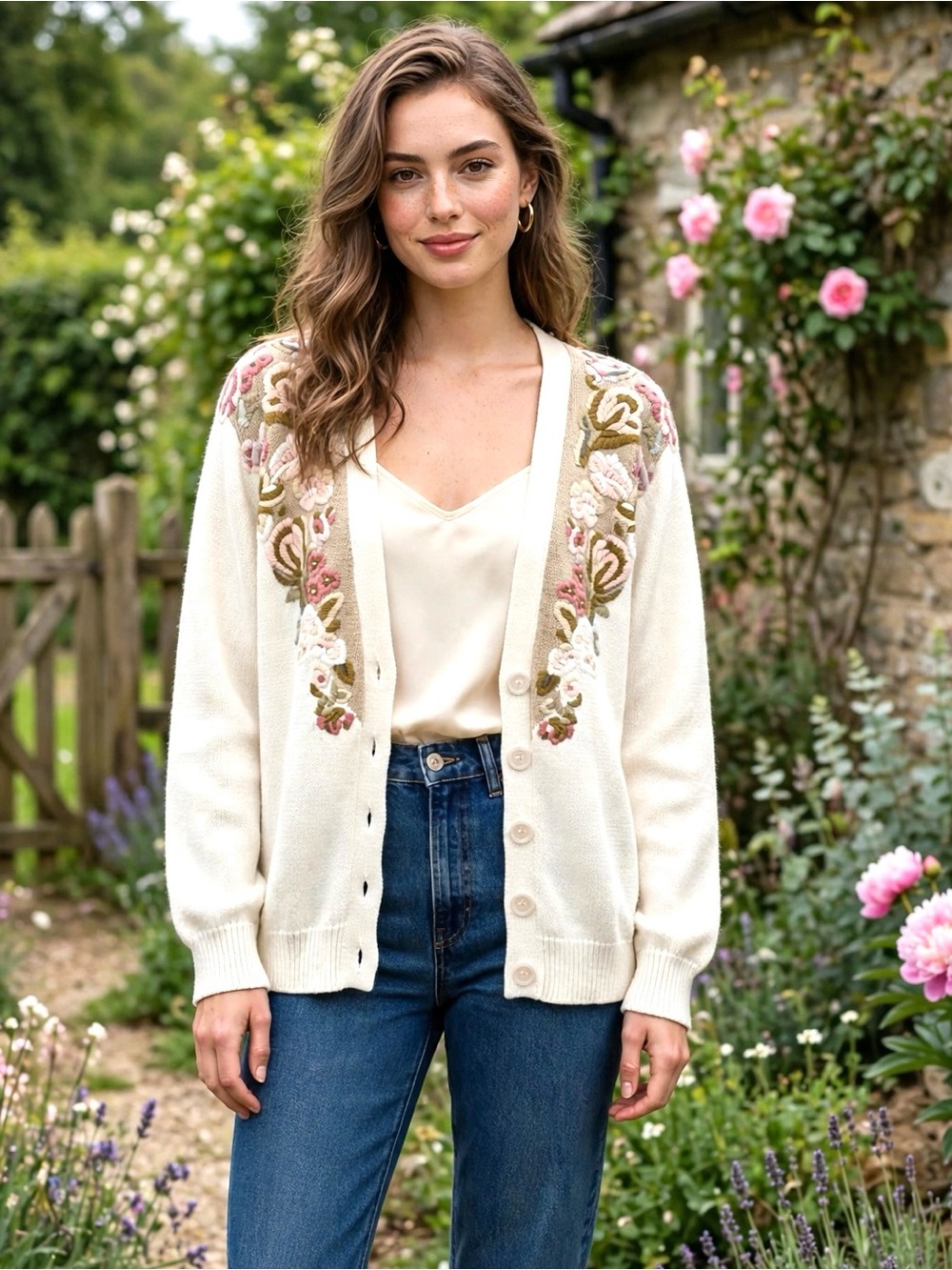 **Vintage 90s Principles Petite Floral Embroidered Cardigan — Ivory**